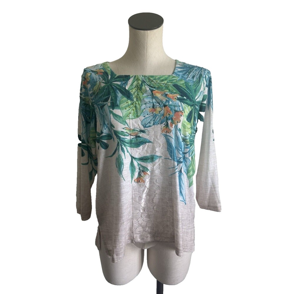 Alfred Dunner Women’s Medium Tropical Leaf Print 3/4 Sleeve Rhinestone Top MP